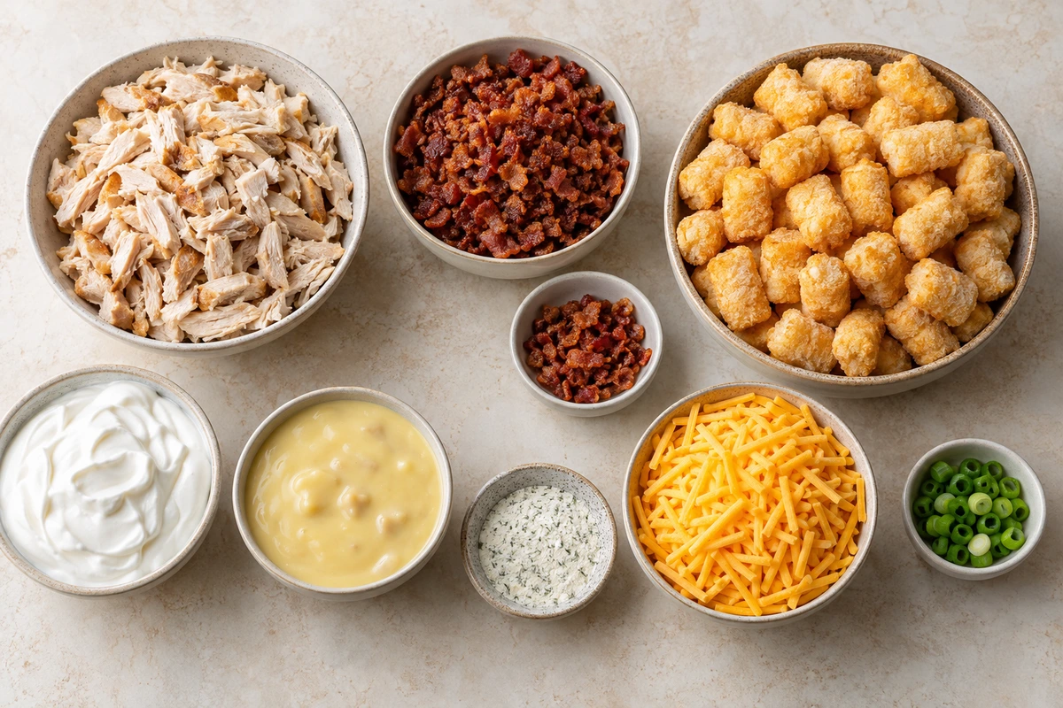 Exact measured ingredients for Easy Chicken Bacon Ranch Tater Tot Casserole