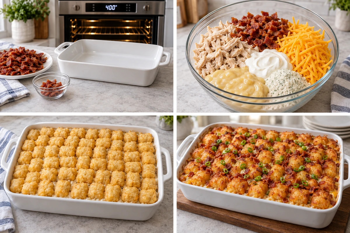 Four chronological preparation stages for Easy Chicken Bacon Ranch Tater Tot Casserole