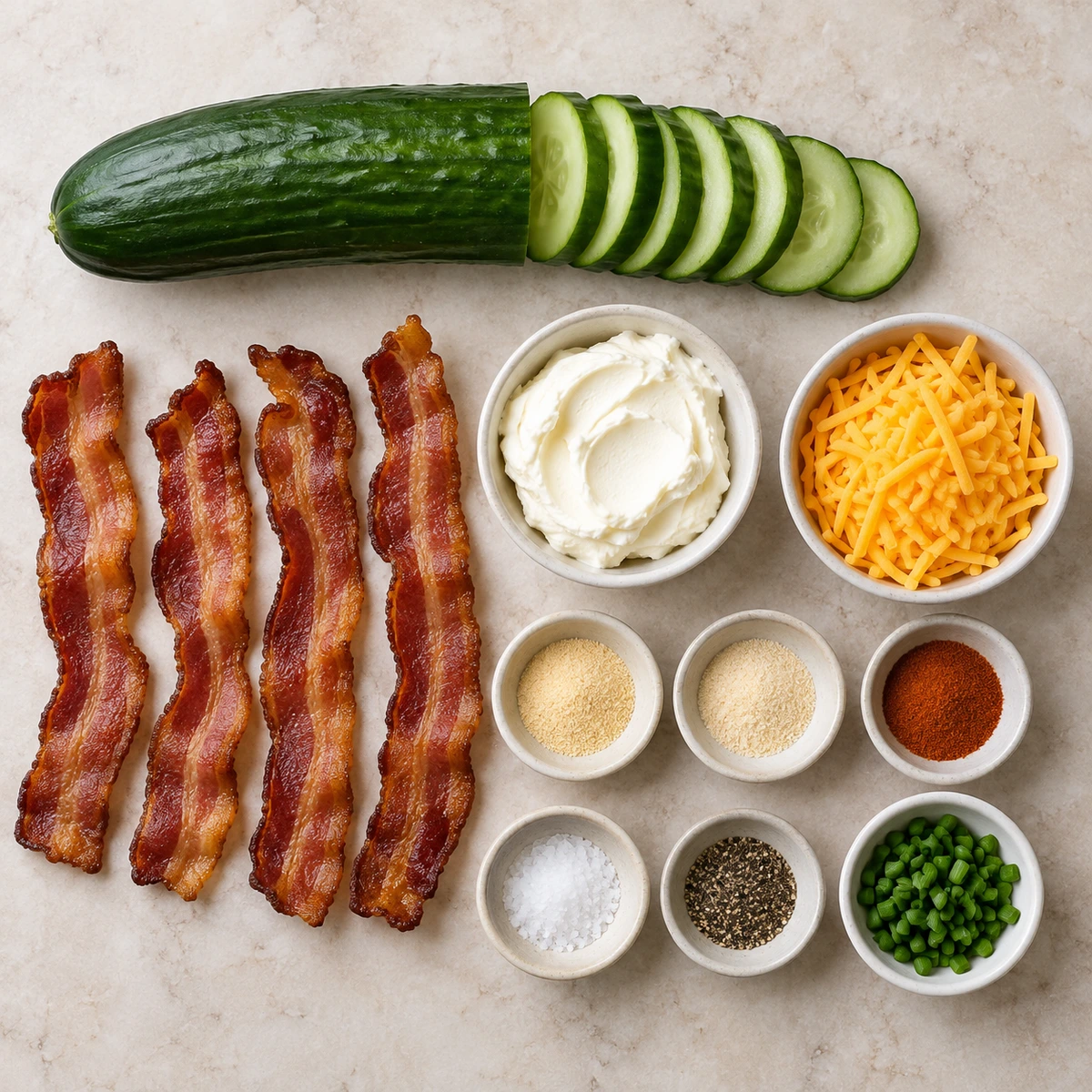 Exact measured ingredients for Cheesy Bacon Cucumber Bites