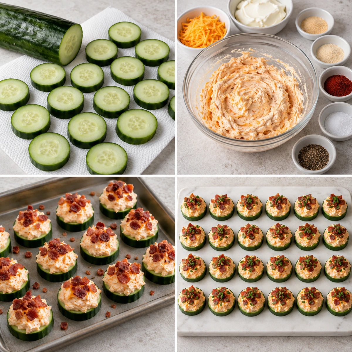 Four chronological preparation stages for Cheesy Bacon Cucumber Bites