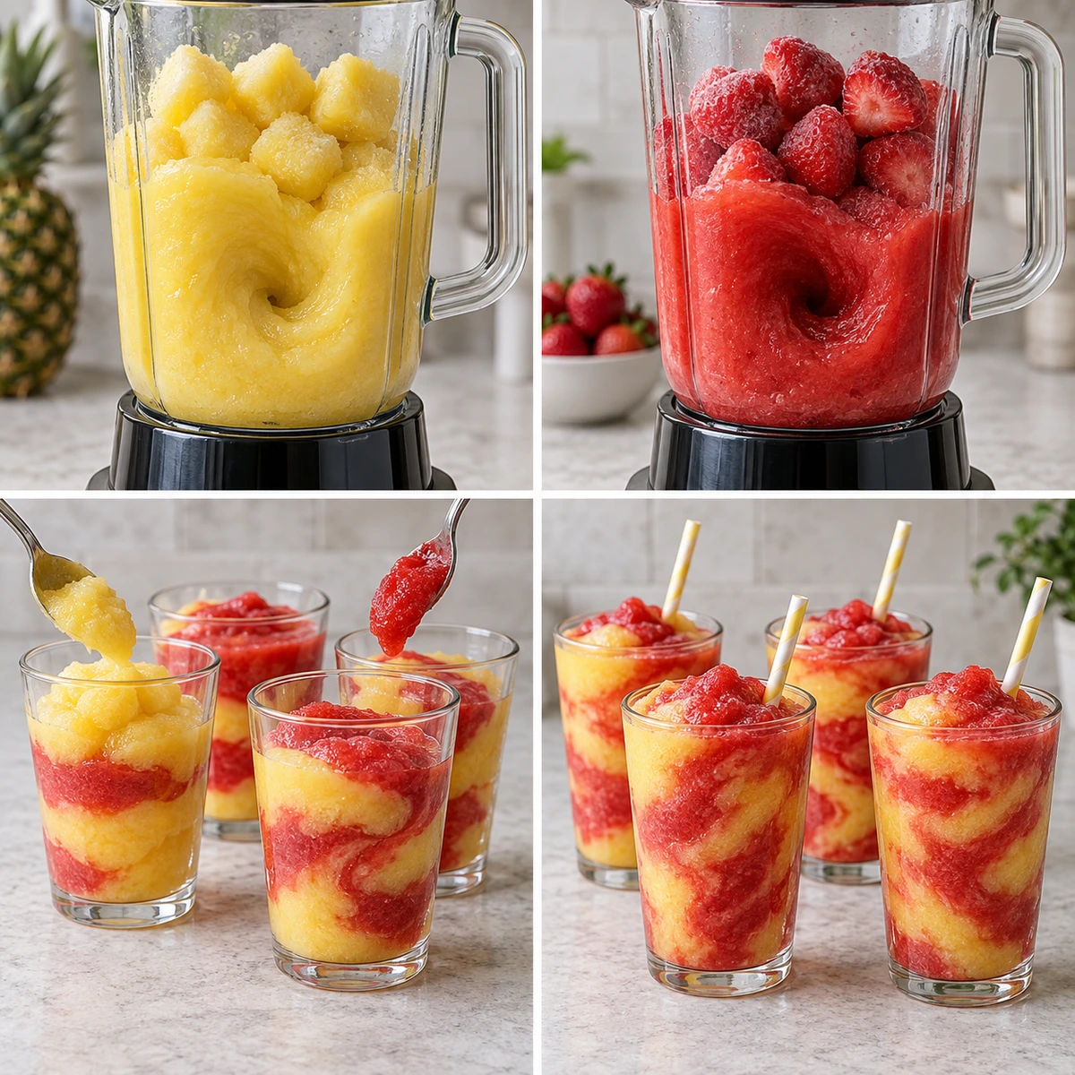 Four chronological preparation stages for Easy Pineapple Strawberry Swirled Slushies