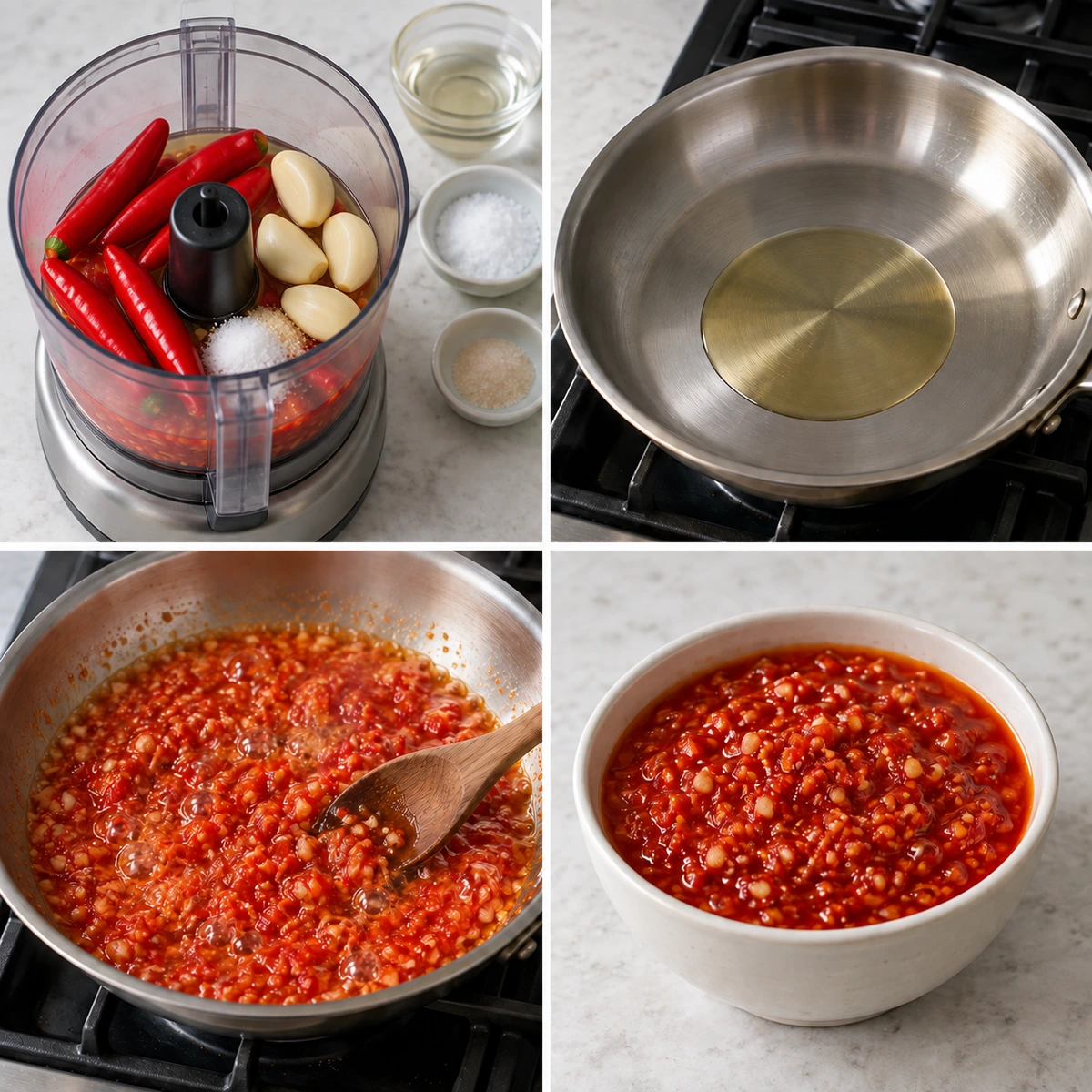 Four chronological preparation stages for Homemade Chili Garlic Sauce