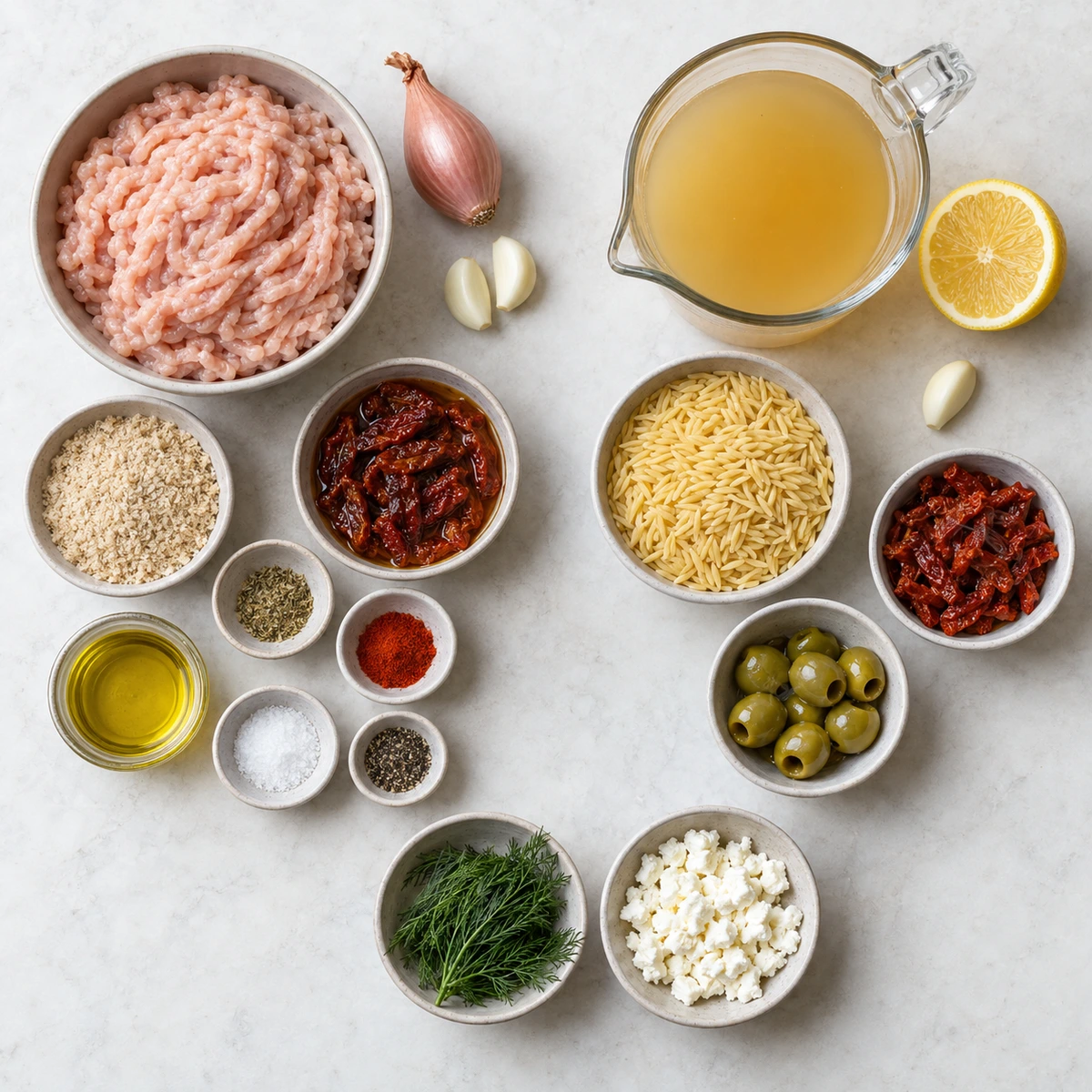 Exact measured ingredients for Mediterranean Chicken Meatballs and Orzo