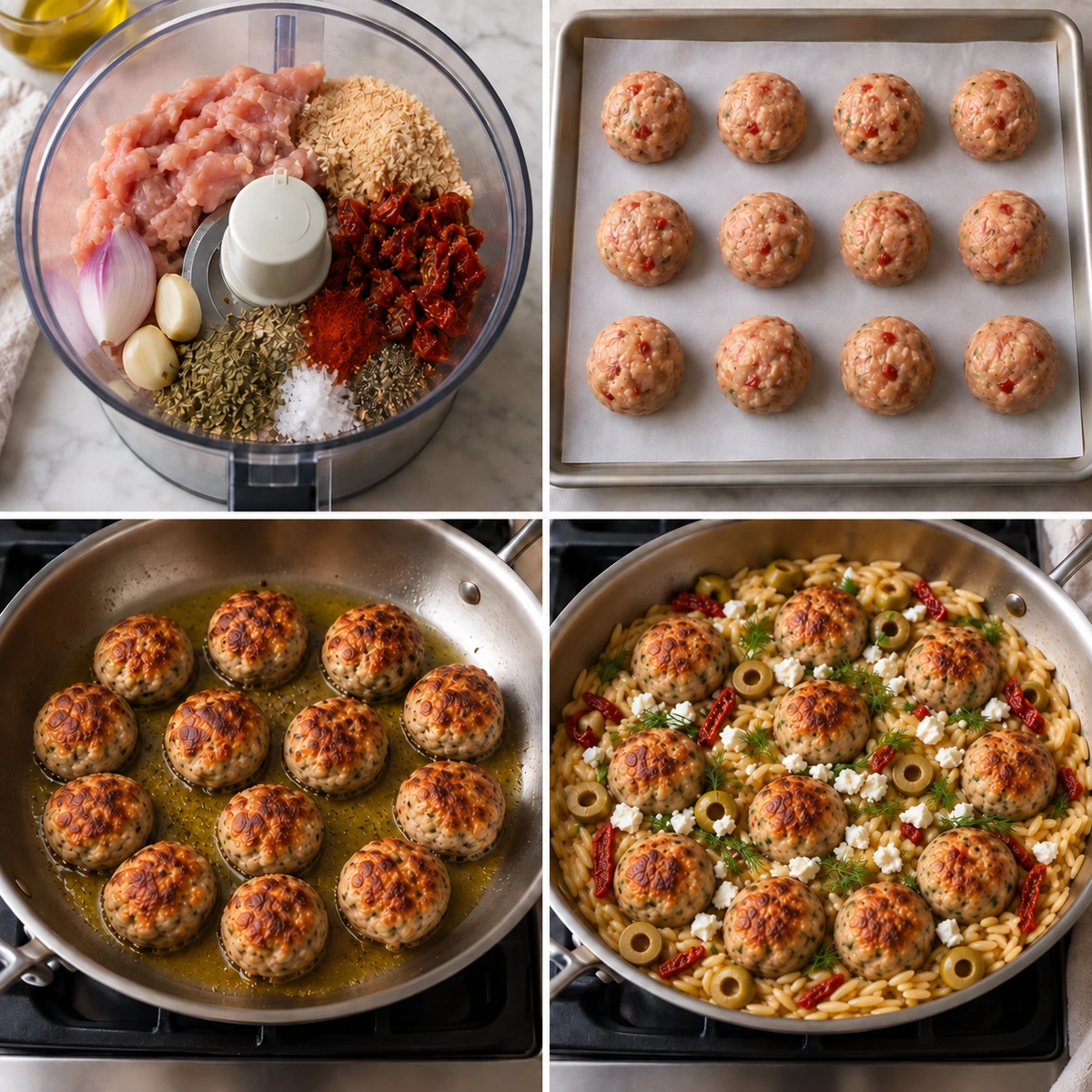 Four chronological preparation stages for Mediterranean Chicken Meatballs and Orzo