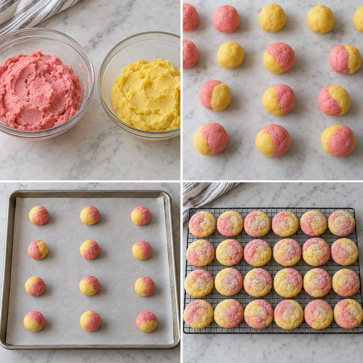 Four chronological preparation stages for Strawberry Lemon Poundcake Cookies