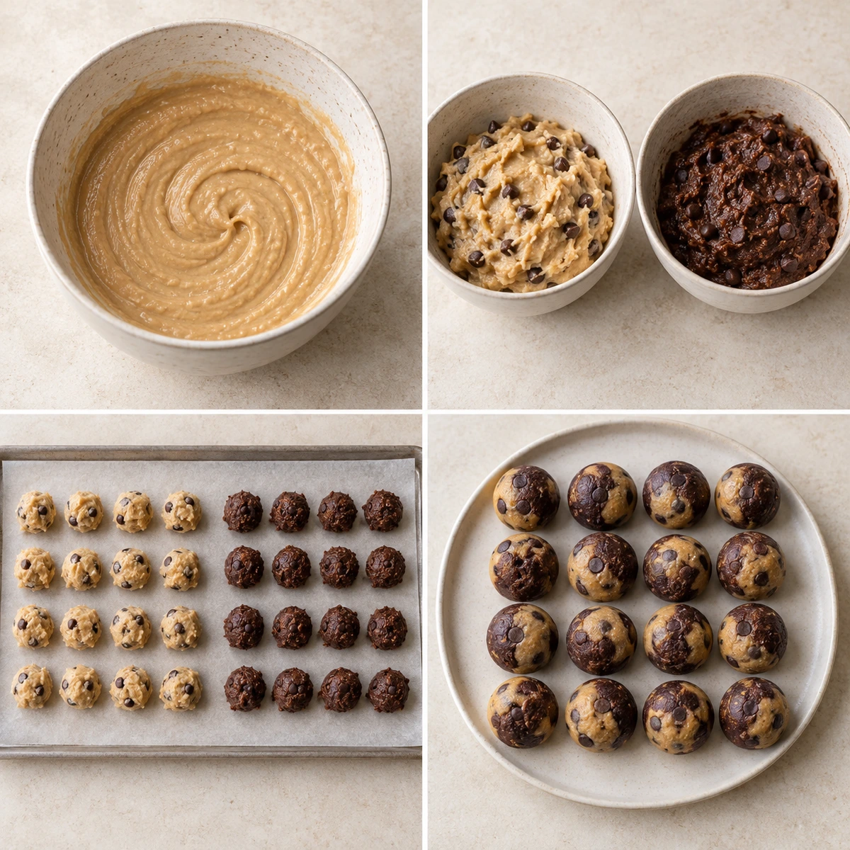 Four chronological preparation stages for Brookie Protein Balls
