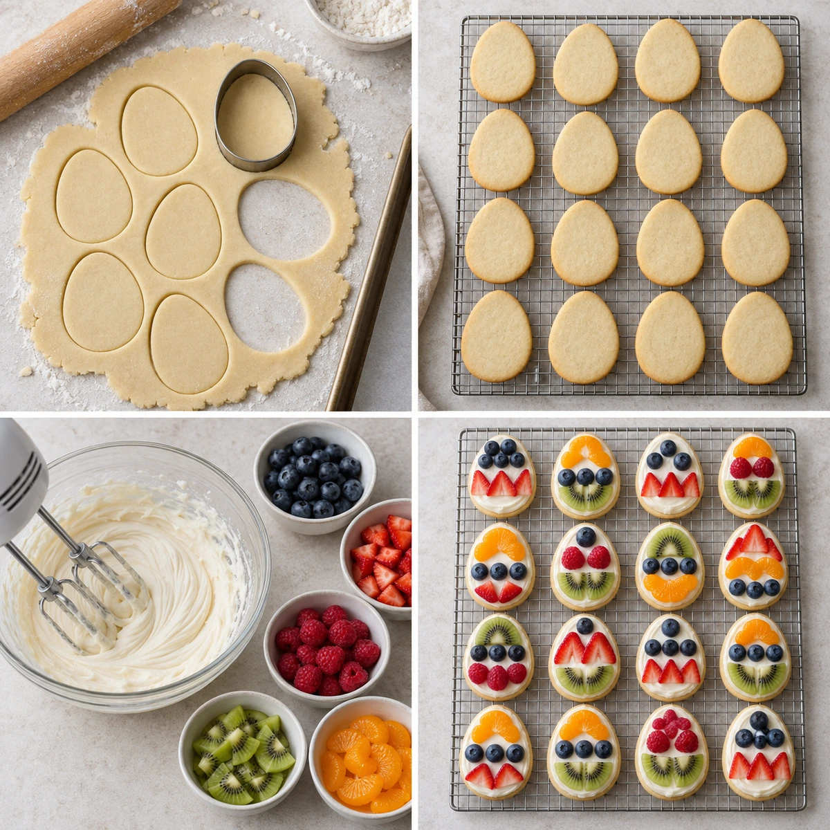 Four chronological preparation stages for Easter Egg Fruit Cookies