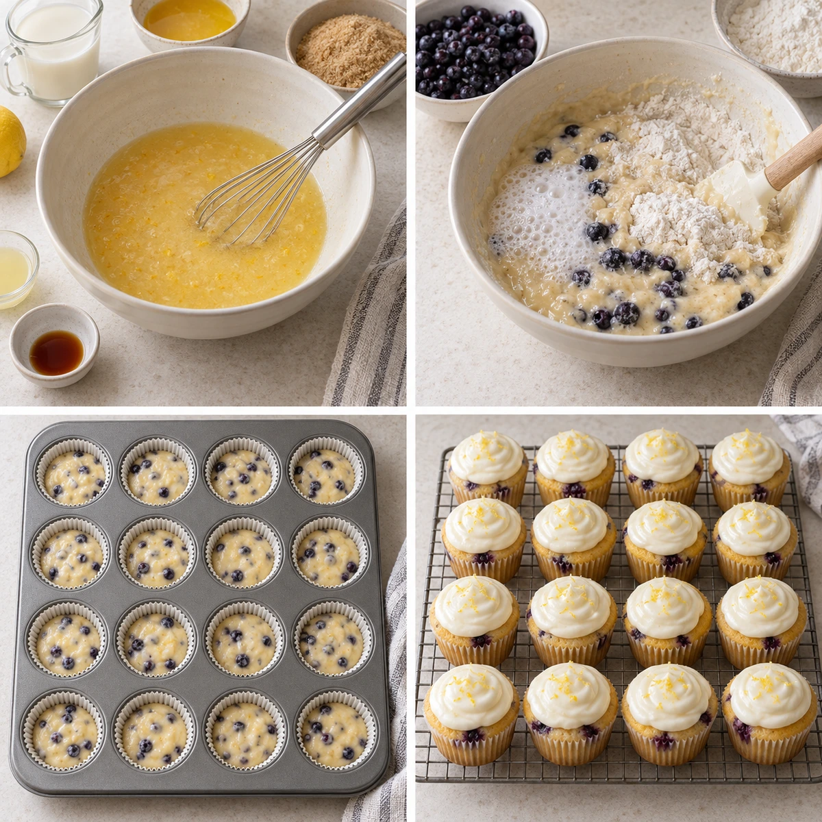 Four chronological preparation stages for Lemon Blueberry Cupcakes
