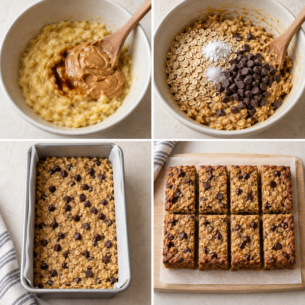 Four chronological preparation stages for Peanut Butter Banana Bars
