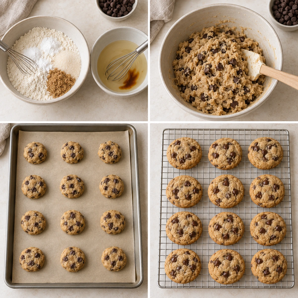 Four chronological preparation stages for Vegan Chocolate Chip Cookies