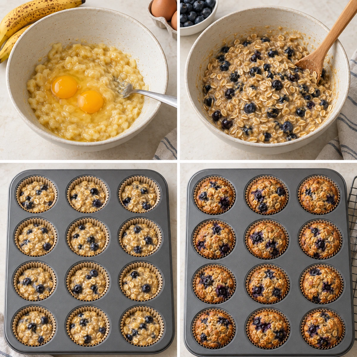 Four chronological preparation stages for Baked Blueberry Banana Oatmeal Cups