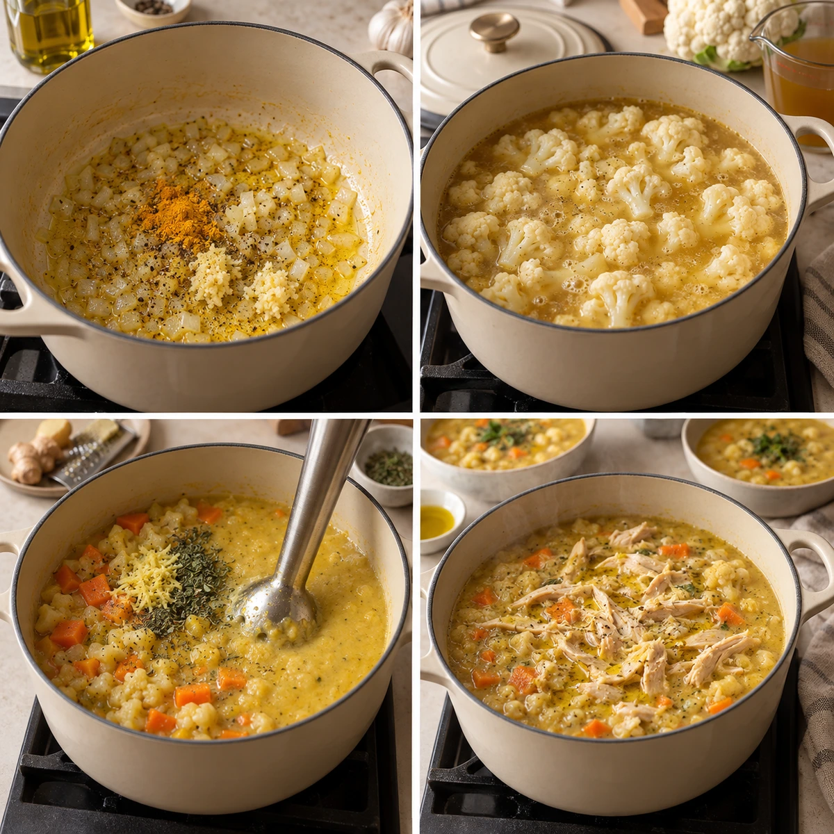 Four chronological preparation stages for Cauliflower Chicken Soup