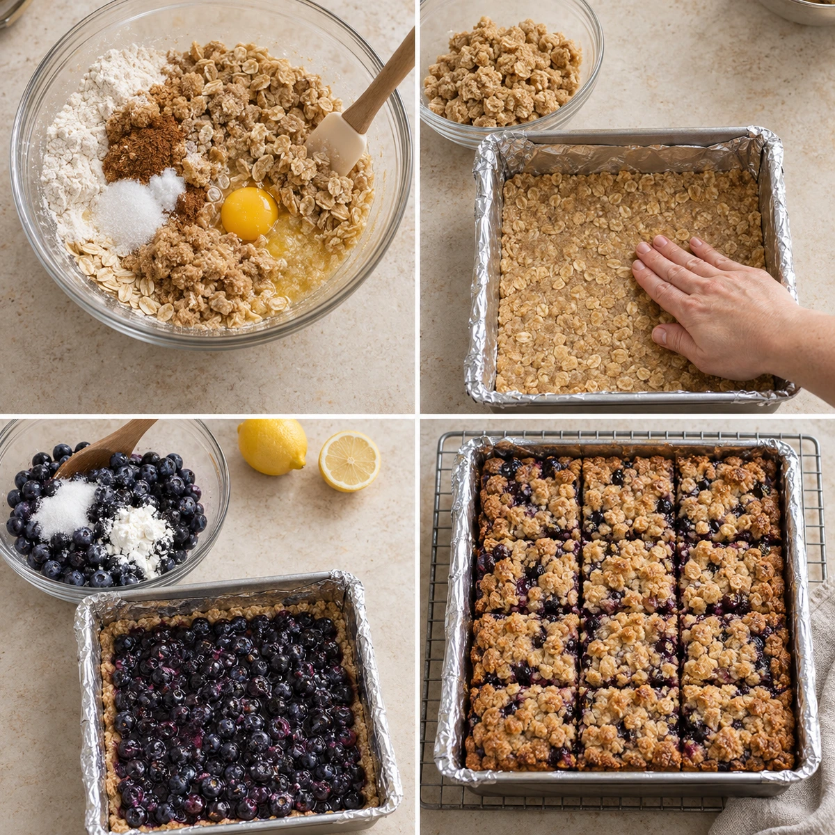 Four chronological preparation stages for Healthy Breakfast Blueberry Oatmeal Crumb Bars