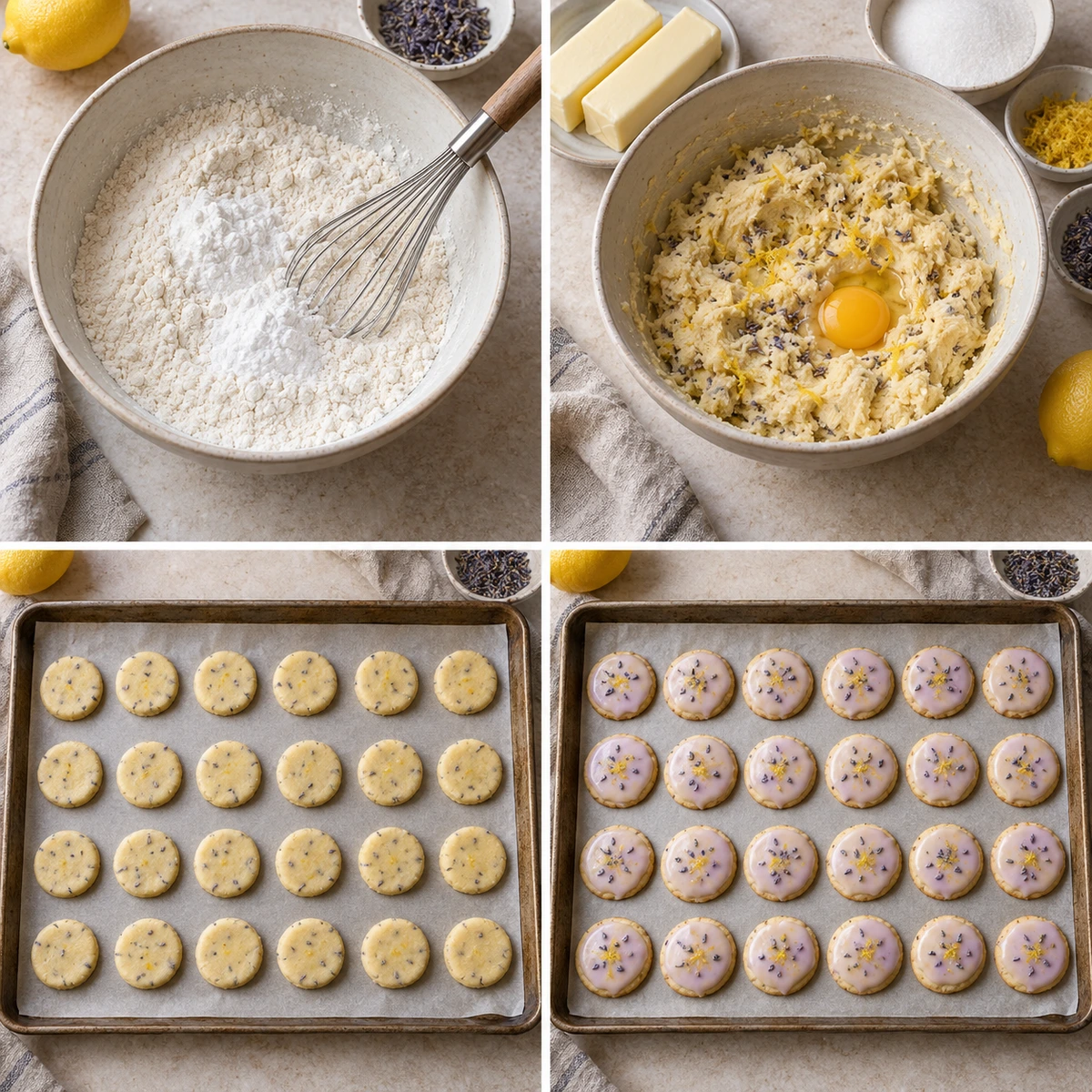 Four chronological preparation stages for Lemon Lavender Cookies