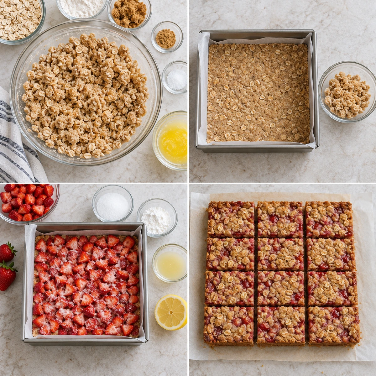 Four chronological preparation stages for Healthy Strawberry Oatmeal Bars
