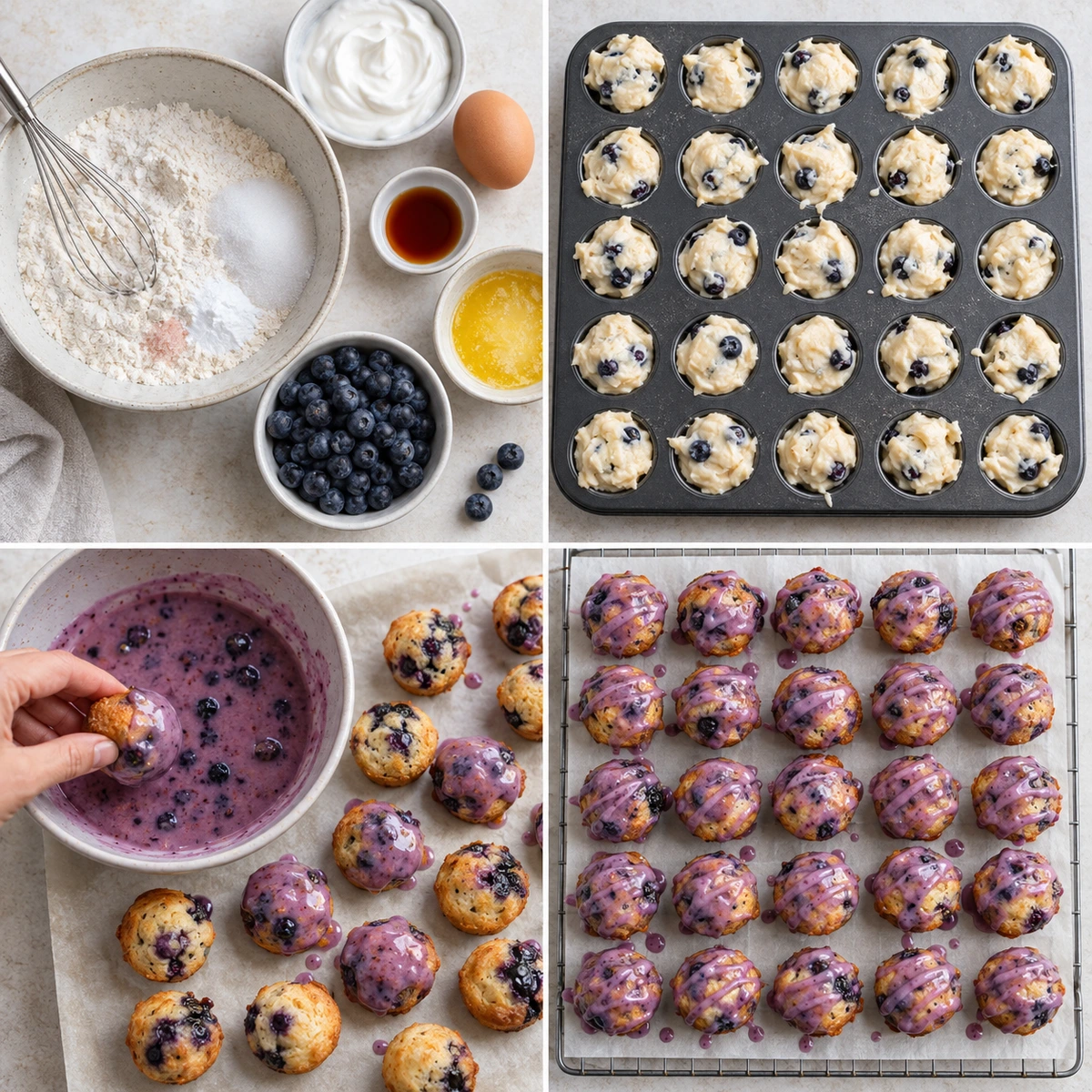 Four chronological preparation stages for Blueberry Yogurt Fritters