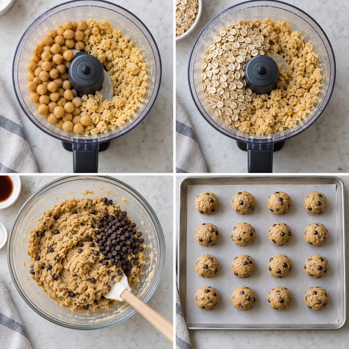 Four chronological preparation stages for Chickpea Cookie Dough Balls