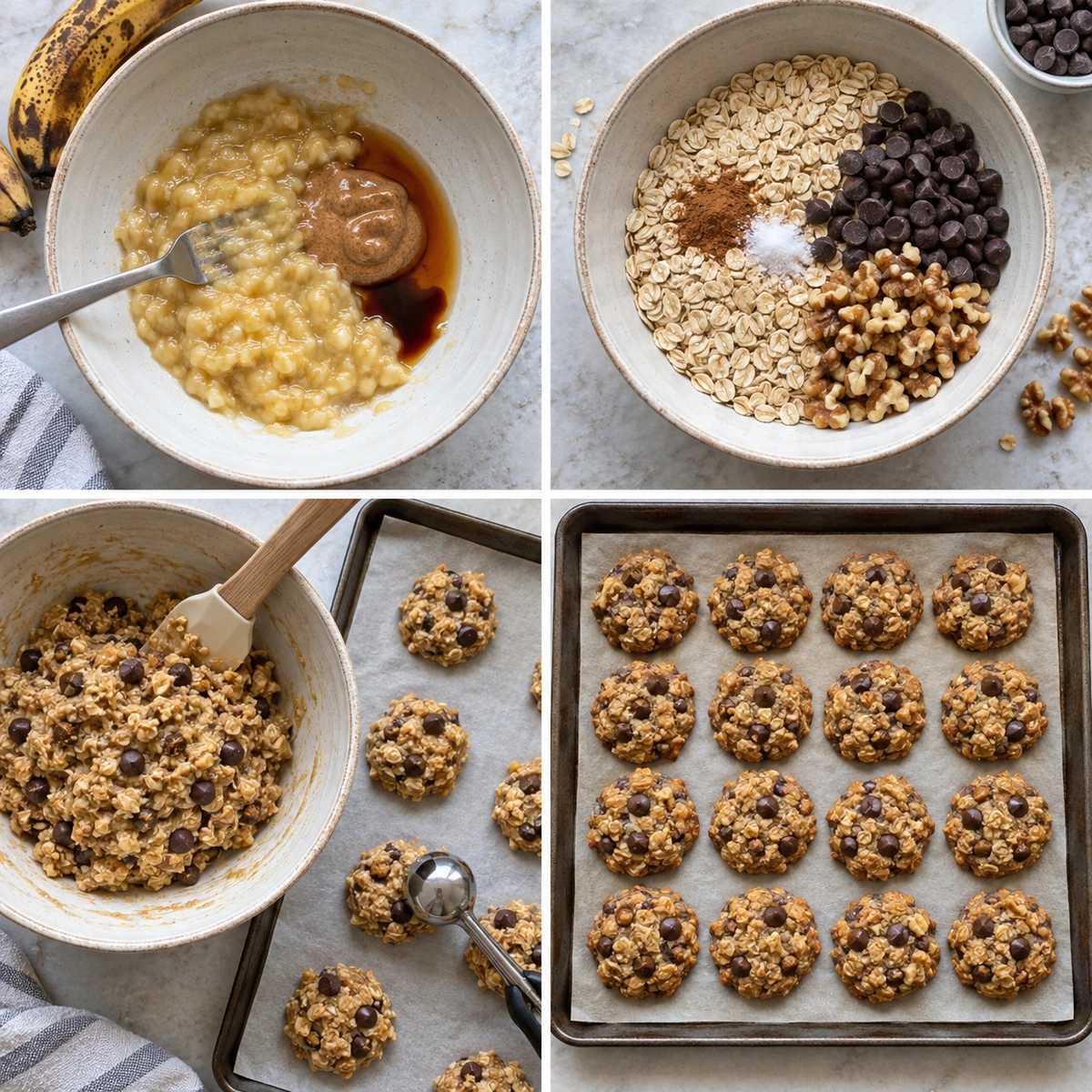 Four chronological preparation stages for Chocolate Chip Banana Oatmeal Cookies