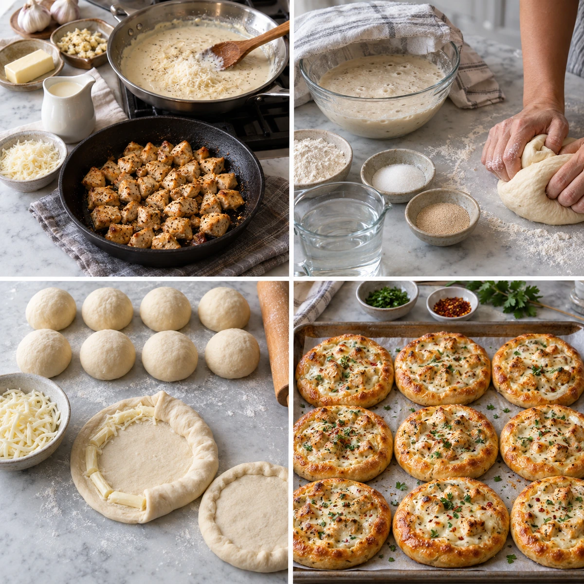 Four chronological preparation stages for Mini Chicken Alfredo Pizzas