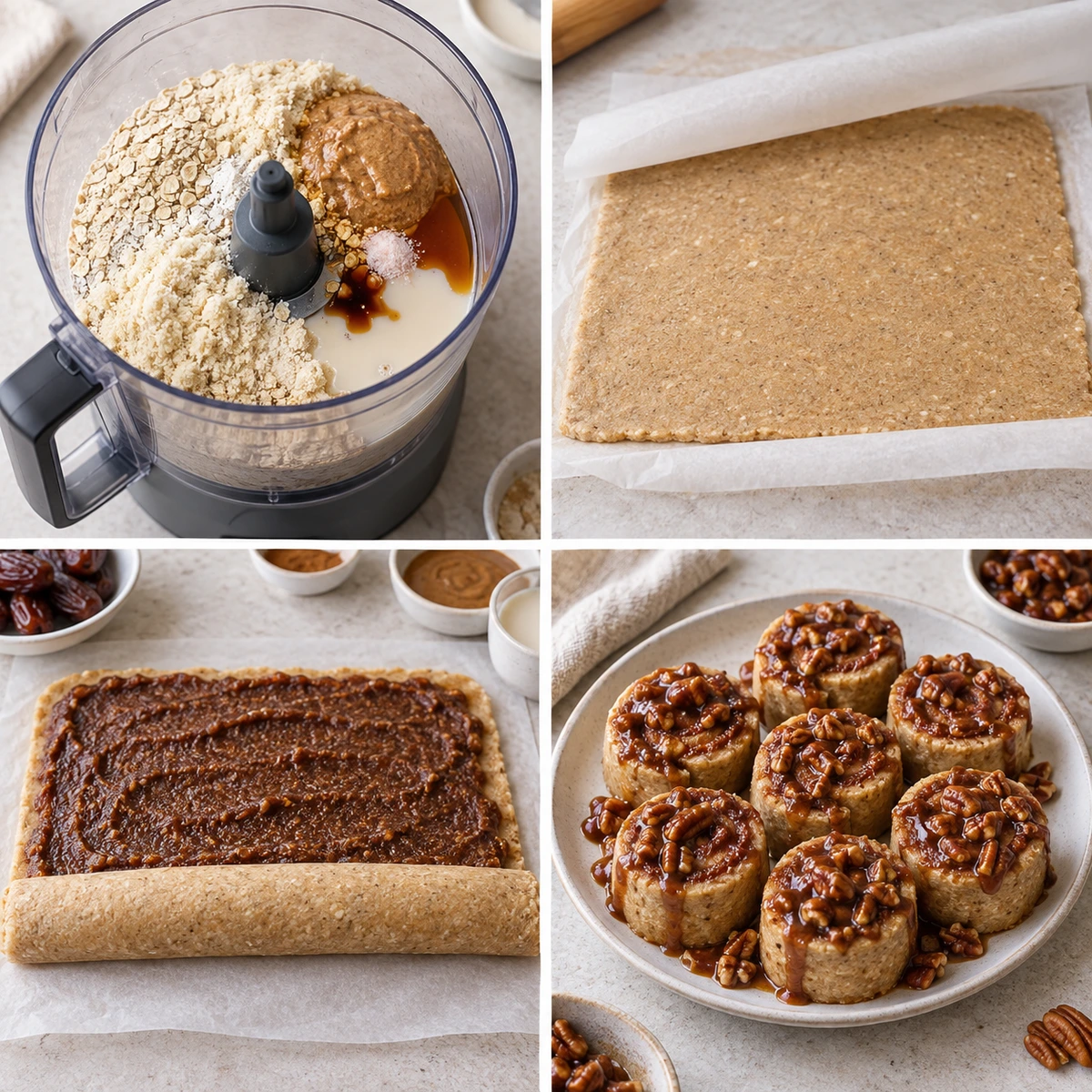 Four chronological preparation stages for No Bake Vegan Cinnamon Rolls