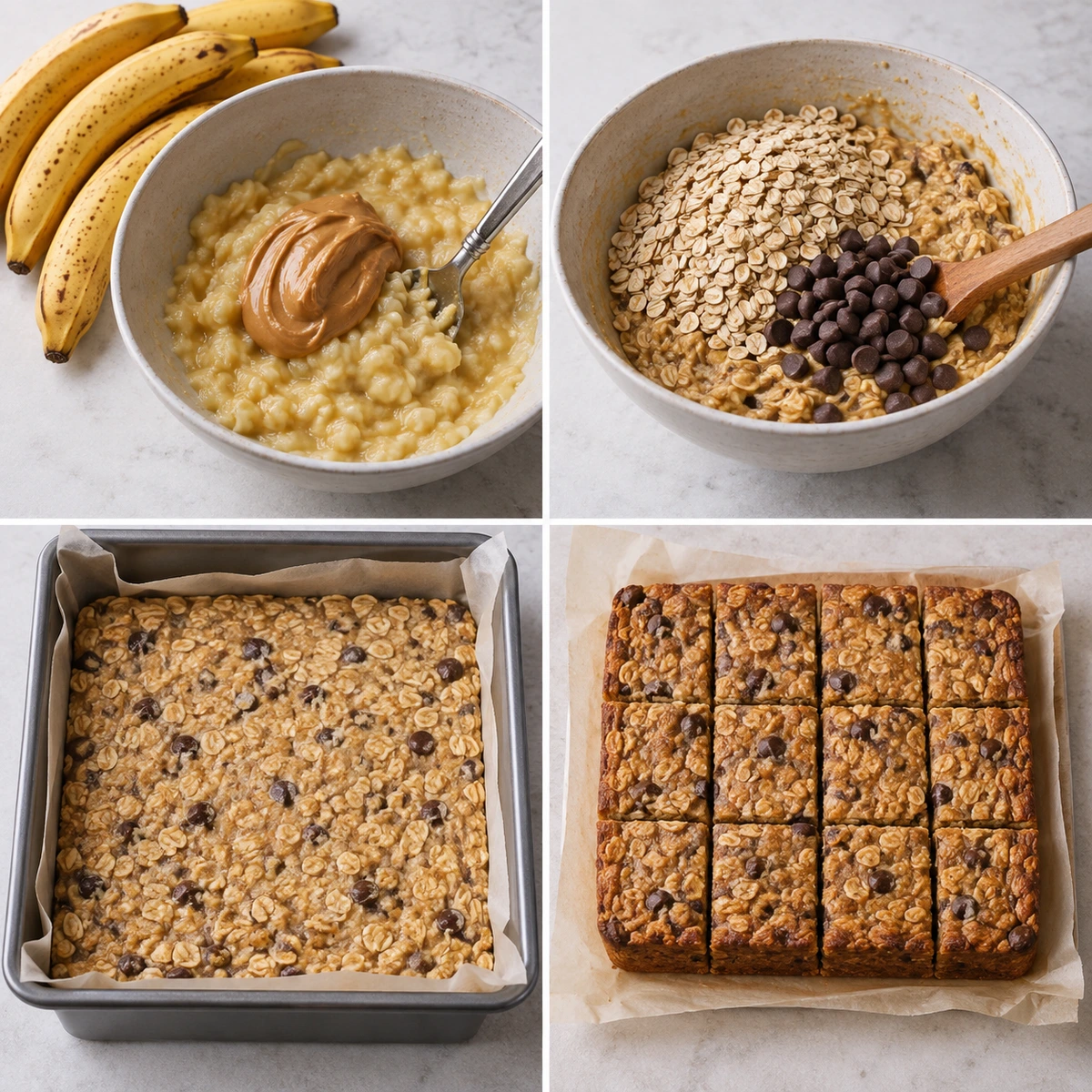 Four chronological preparation stages for 4 Ingredient Banana Bars