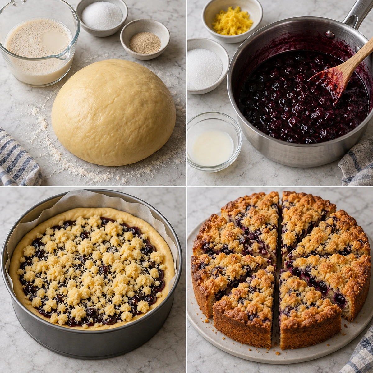 Four chronological preparation stages for Blueberry Brioche Crumb Cake