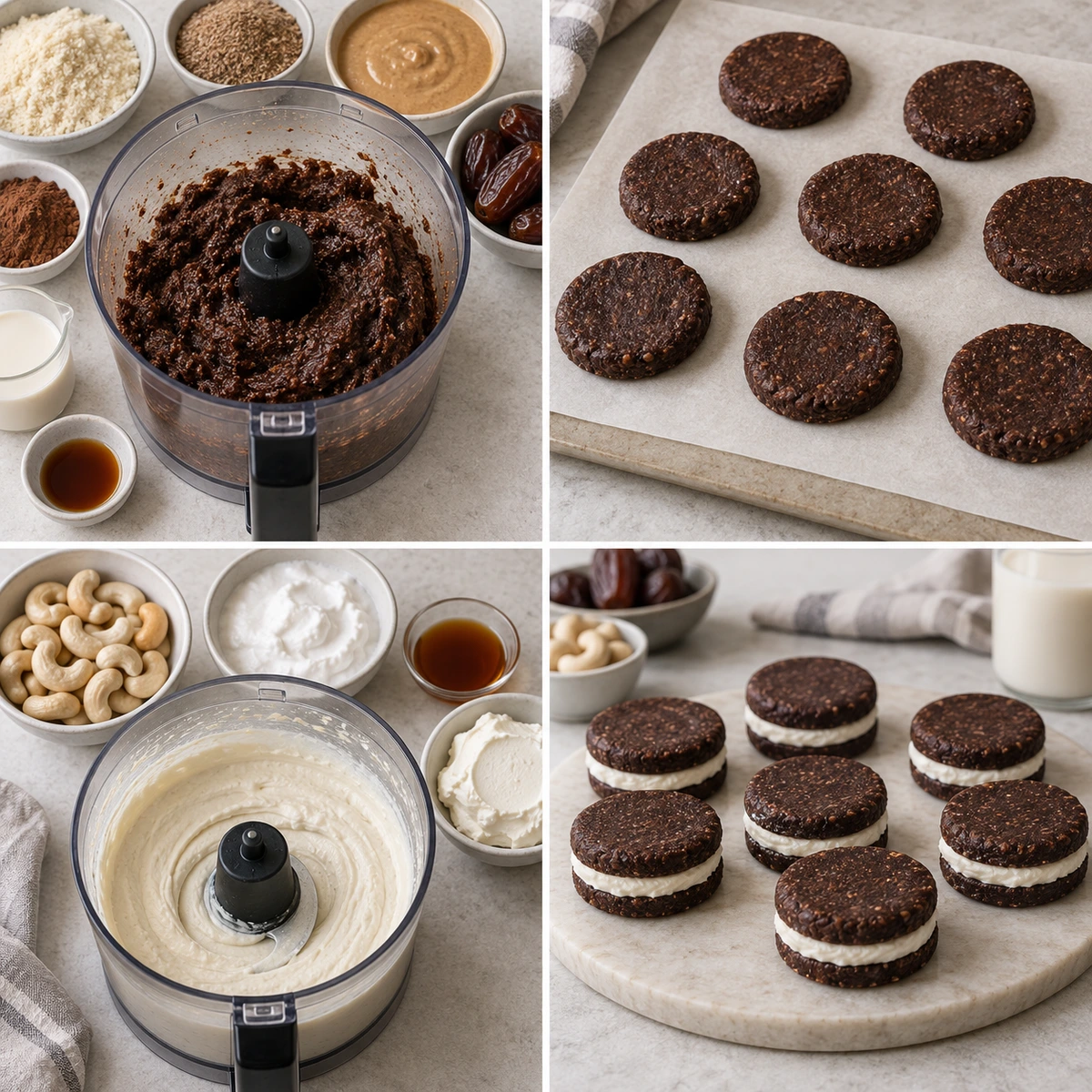 Four chronological preparation stages for No-Bake Healthy Oreos