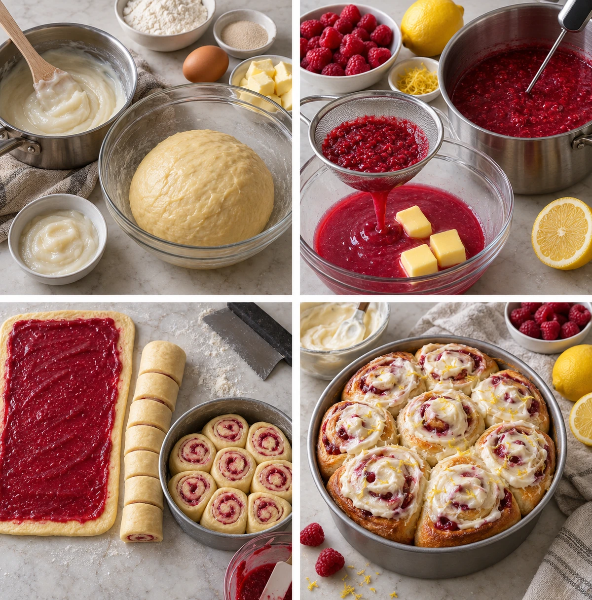 Four chronological preparation stages for Lemon Raspberry Rolls
