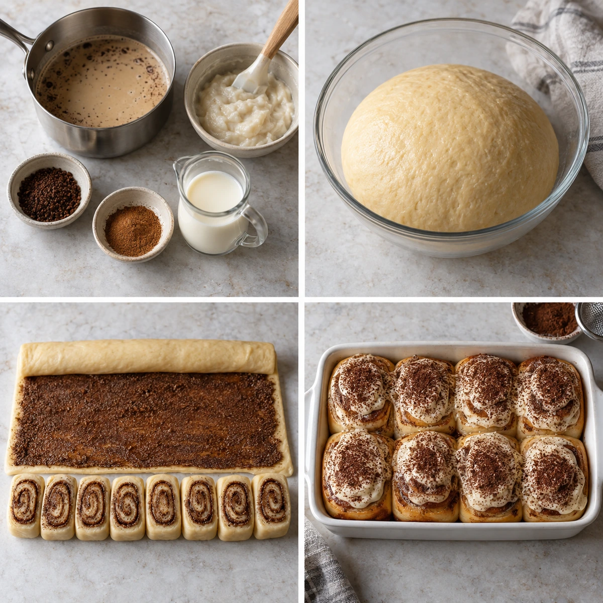 Four chronological preparation stages for Tiramisu Cinnamon Rolls