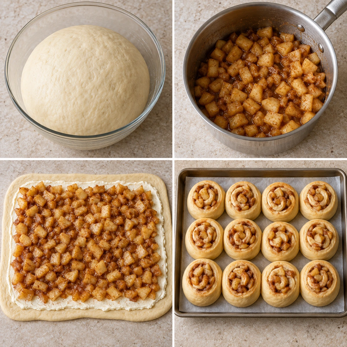 Four chronological preparation stages for Apple Cheesecake Buns
