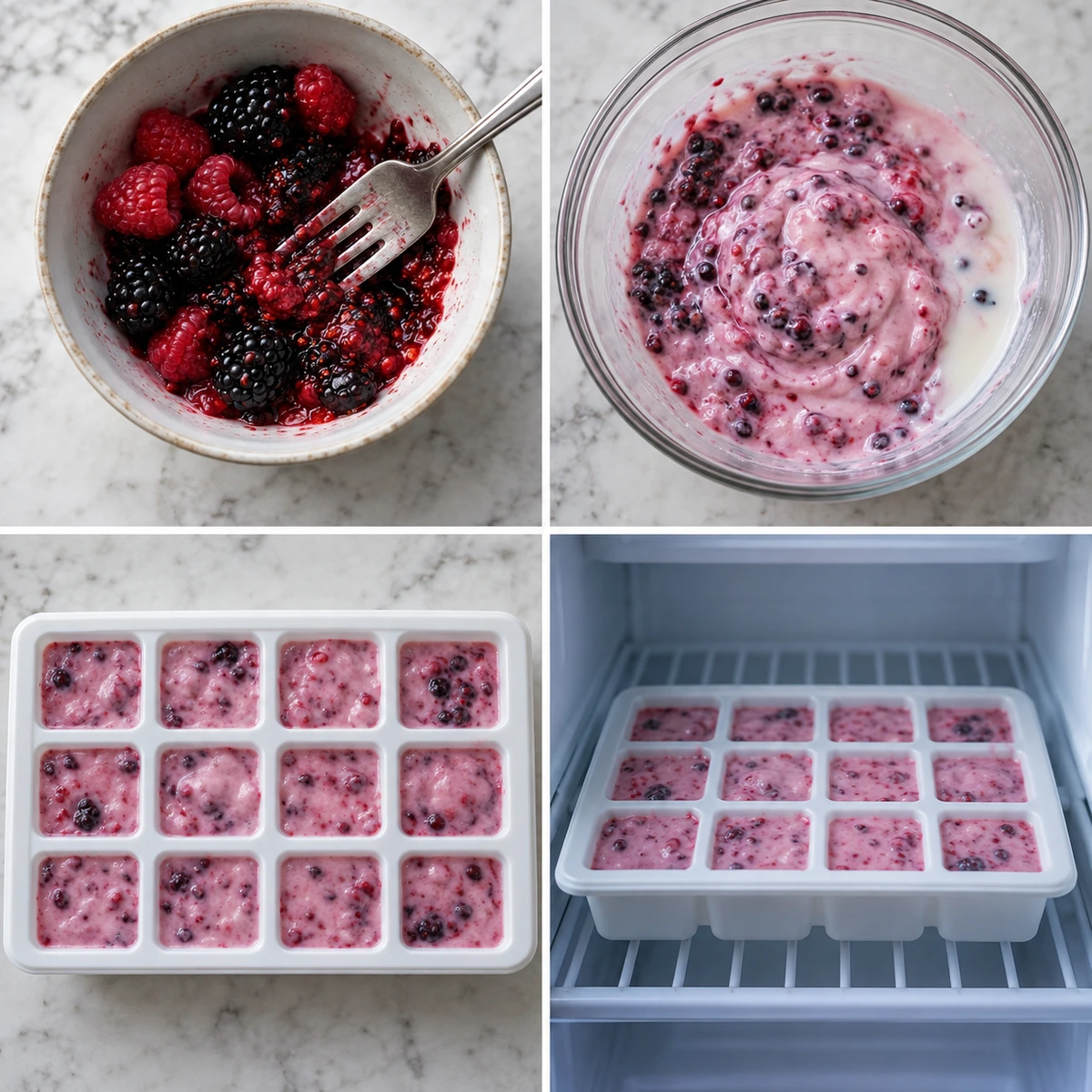 Four chronological preparation stages for Berry Yogurt Bites