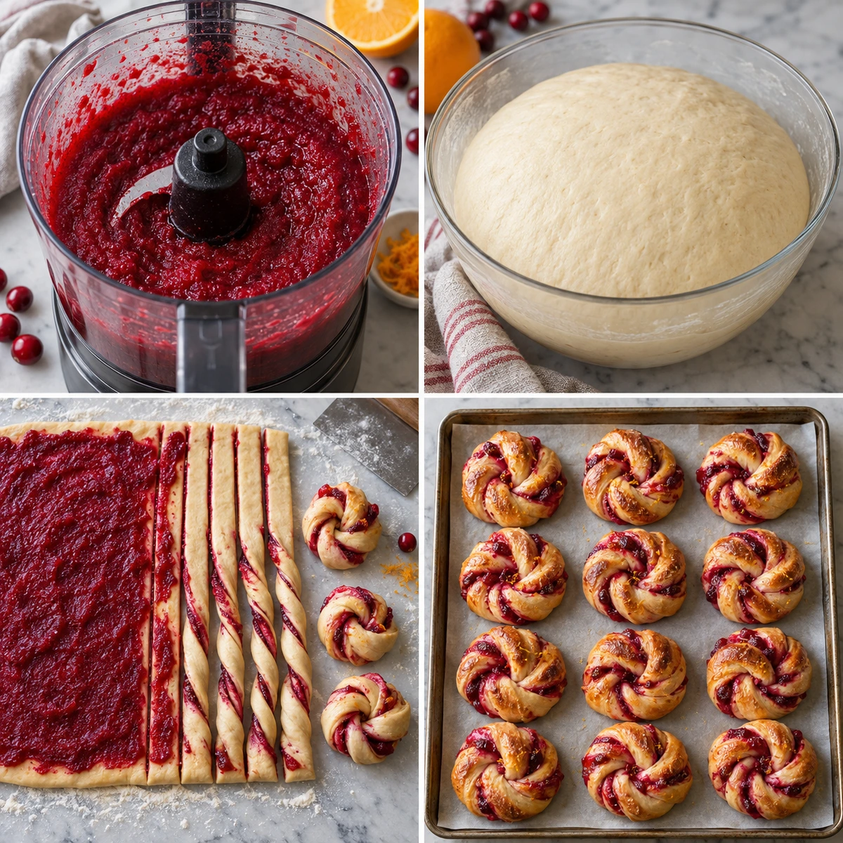 Four chronological preparation stages for Cranberry Orange Sweet Rolls
