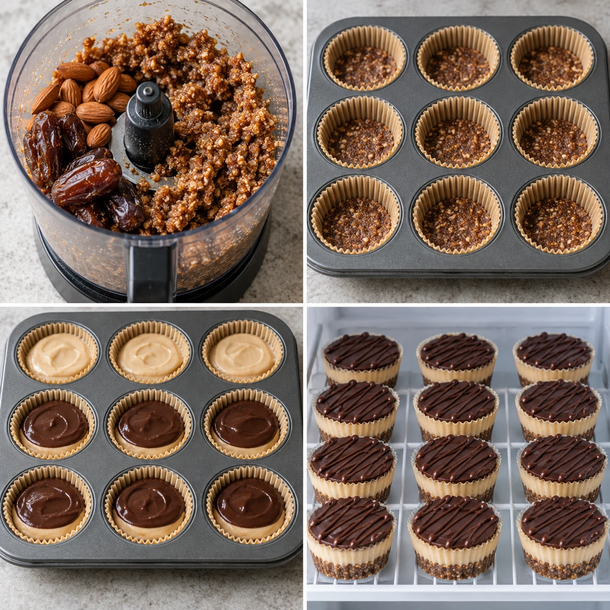 Four chronological preparation stages for Raw Caramel Brownie Cheesecakes