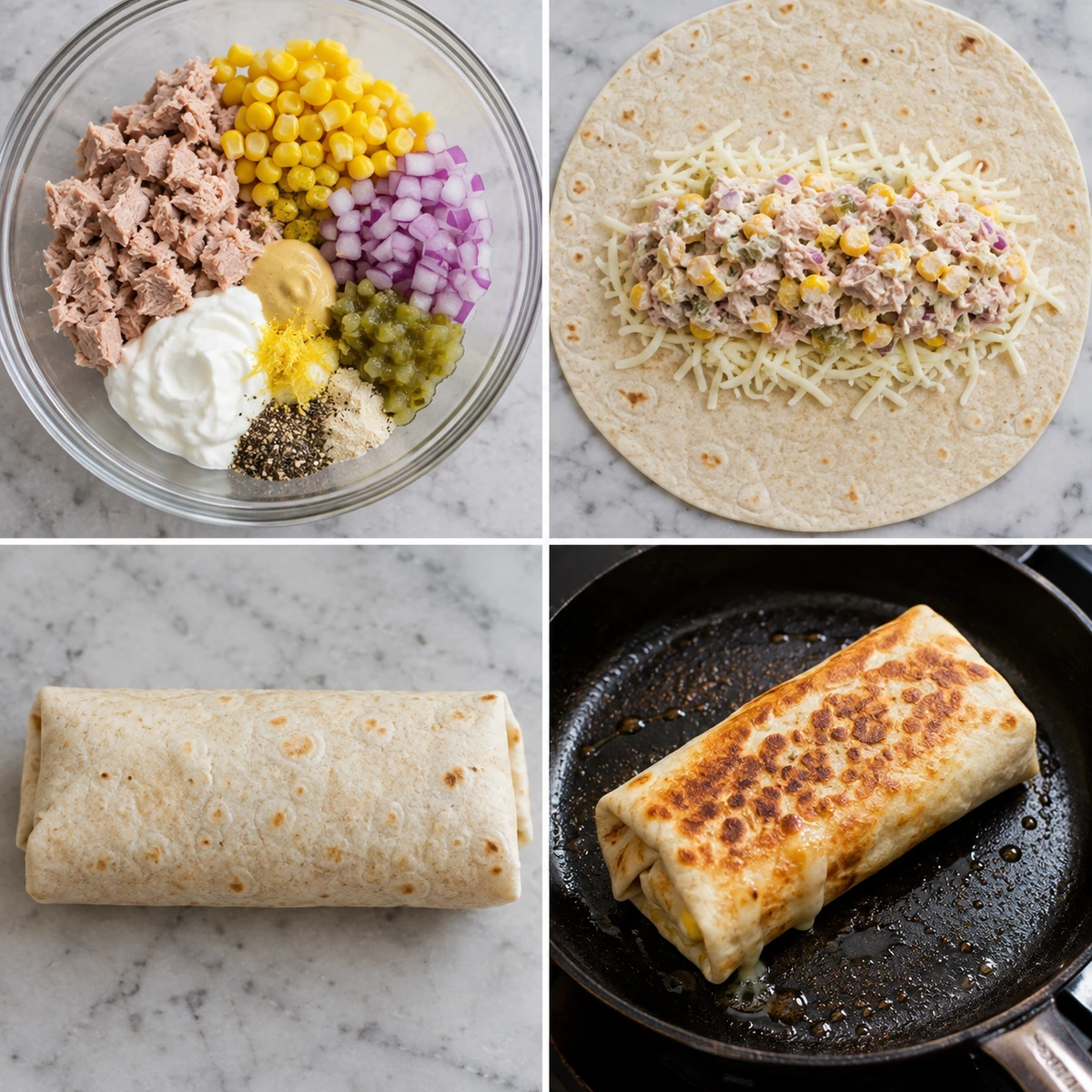 Four chronological preparation stages for Tuna Melt Wrap