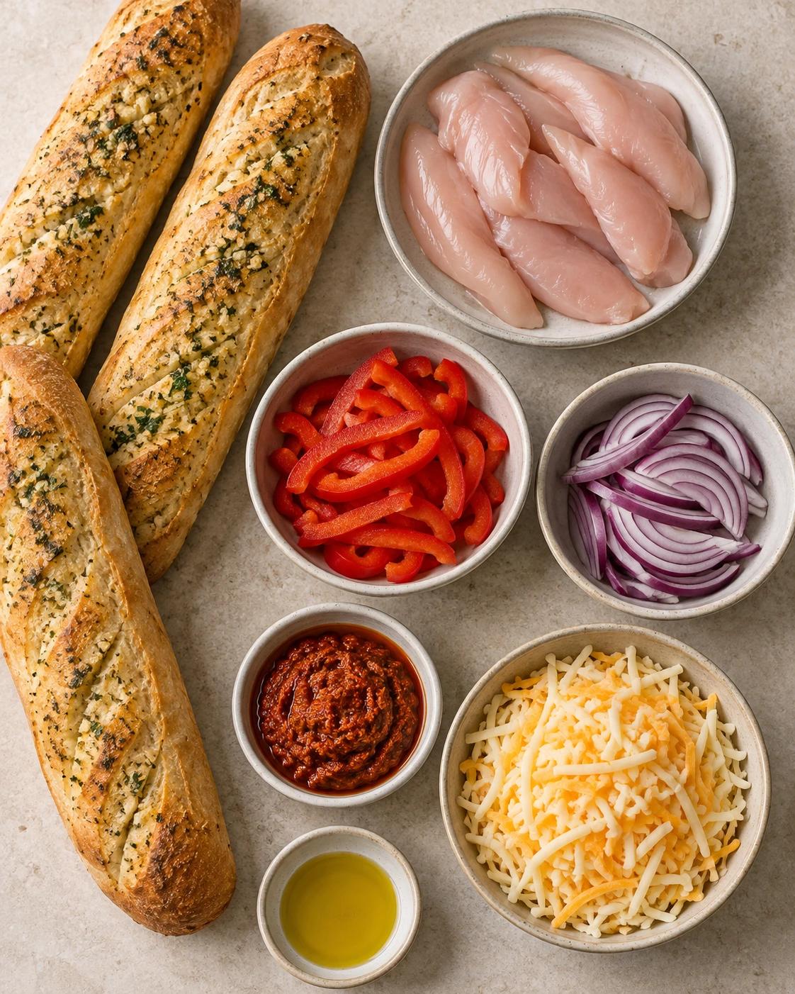 Exact measured ingredients for Cheesy Chicken Garlic Bread