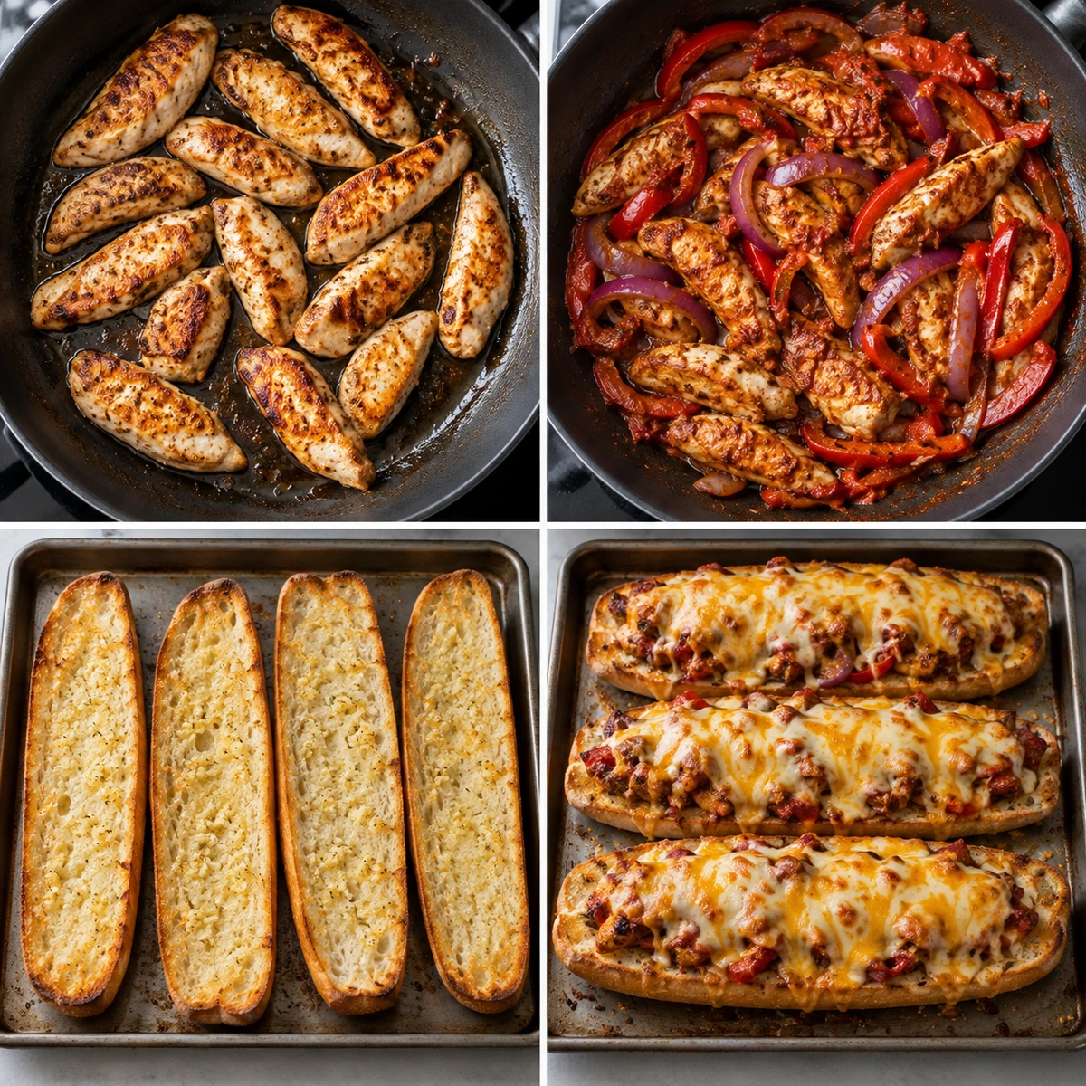 Four chronological preparation stages for Cheesy Chicken Garlic Bread