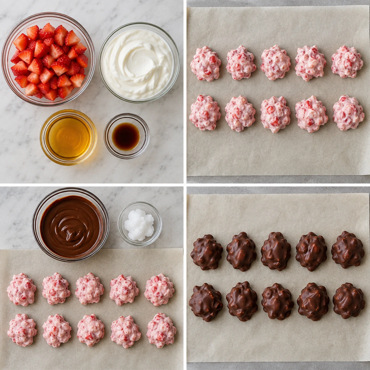 Four chronological preparation stages for Chocolate Strawberry Yogurt Clusters