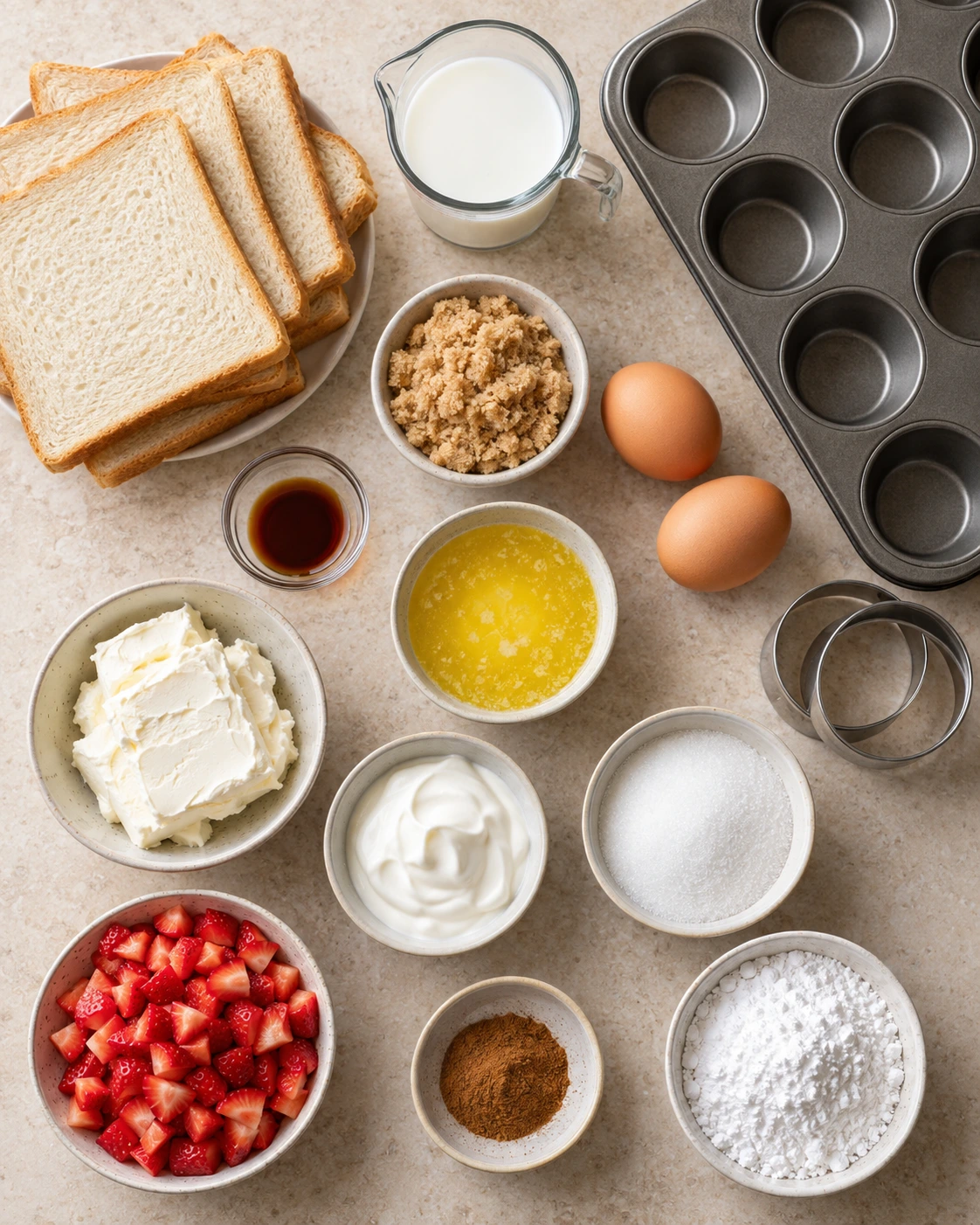 Exact measured ingredients for Cream Cheese Strawberry French Toast Muffins