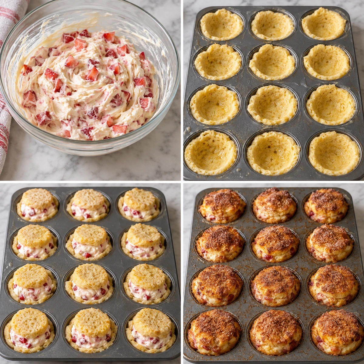 Four chronological preparation stages for Cream Cheese Strawberry French Toast Muffins