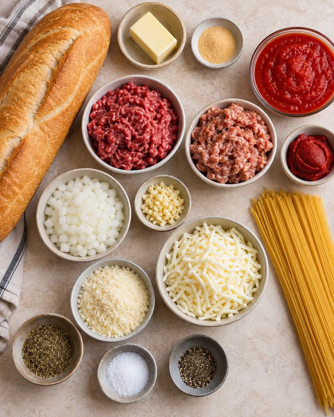 Exact measured ingredients for Spaghetti Stuffed Garlic Bread