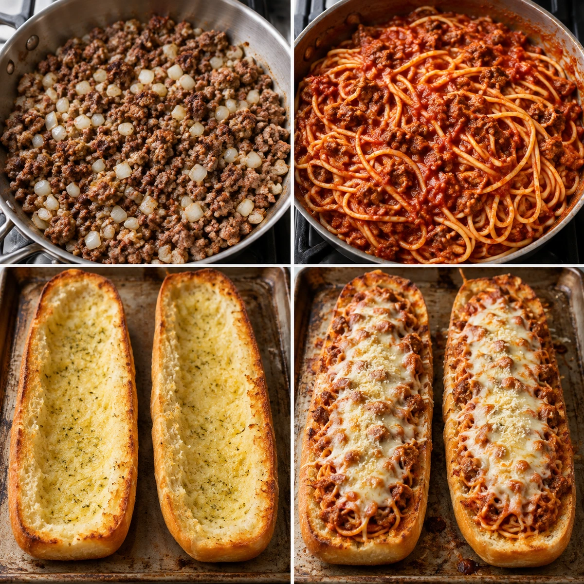 Four chronological preparation stages for Spaghetti Stuffed Garlic Bread
