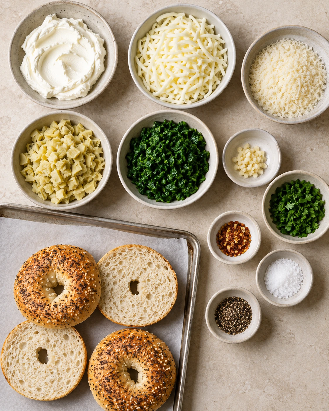 Exact measured ingredients for Cheesy Spinach-Artichoke Bagels