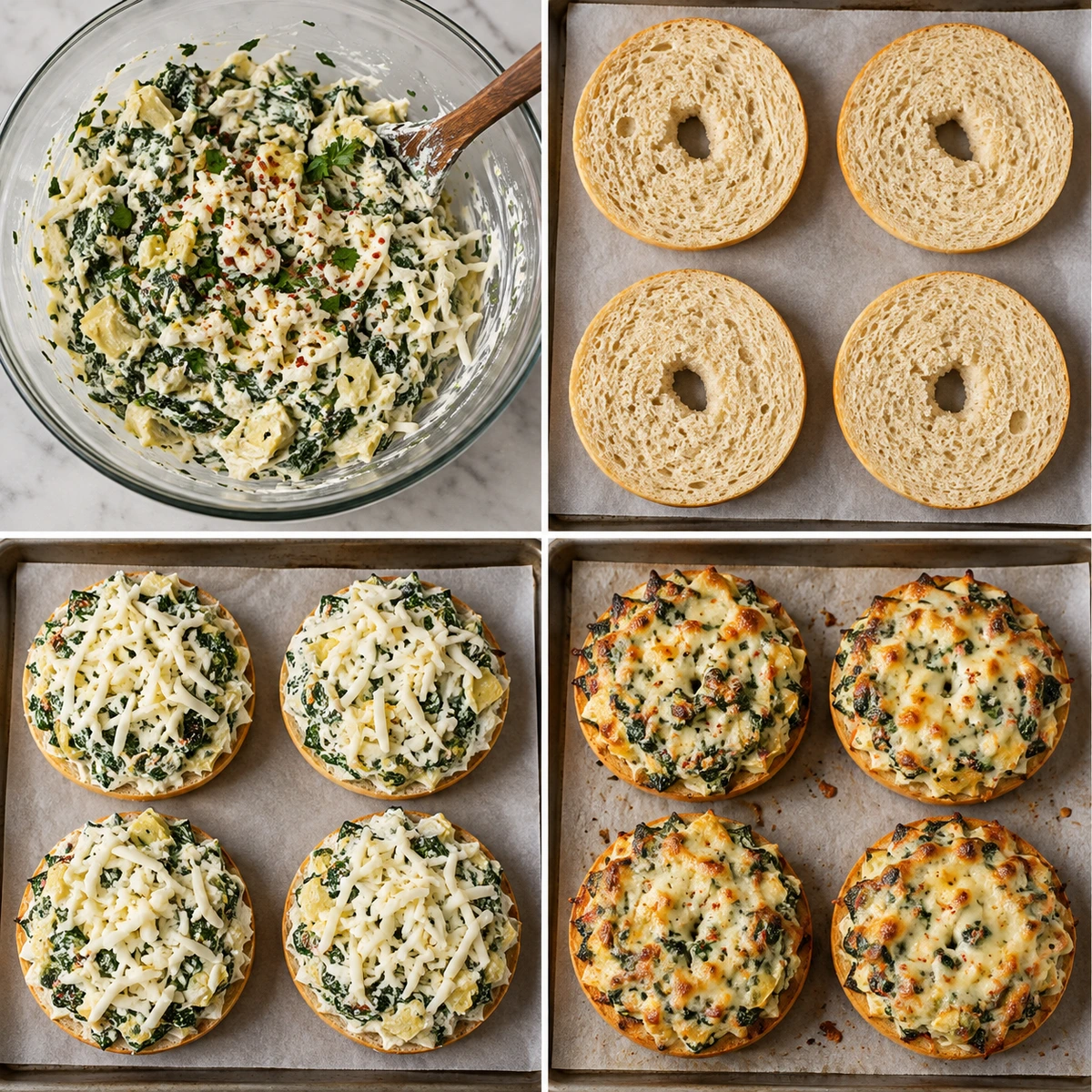 Four chronological preparation stages for Cheesy Spinach-Artichoke Bagels