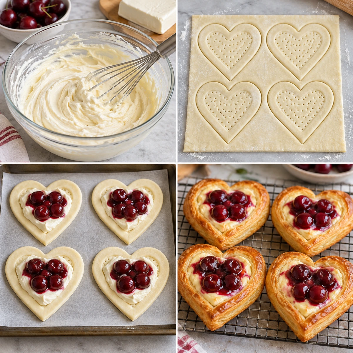 Four chronological preparation stages for Cherry Cheese Danish