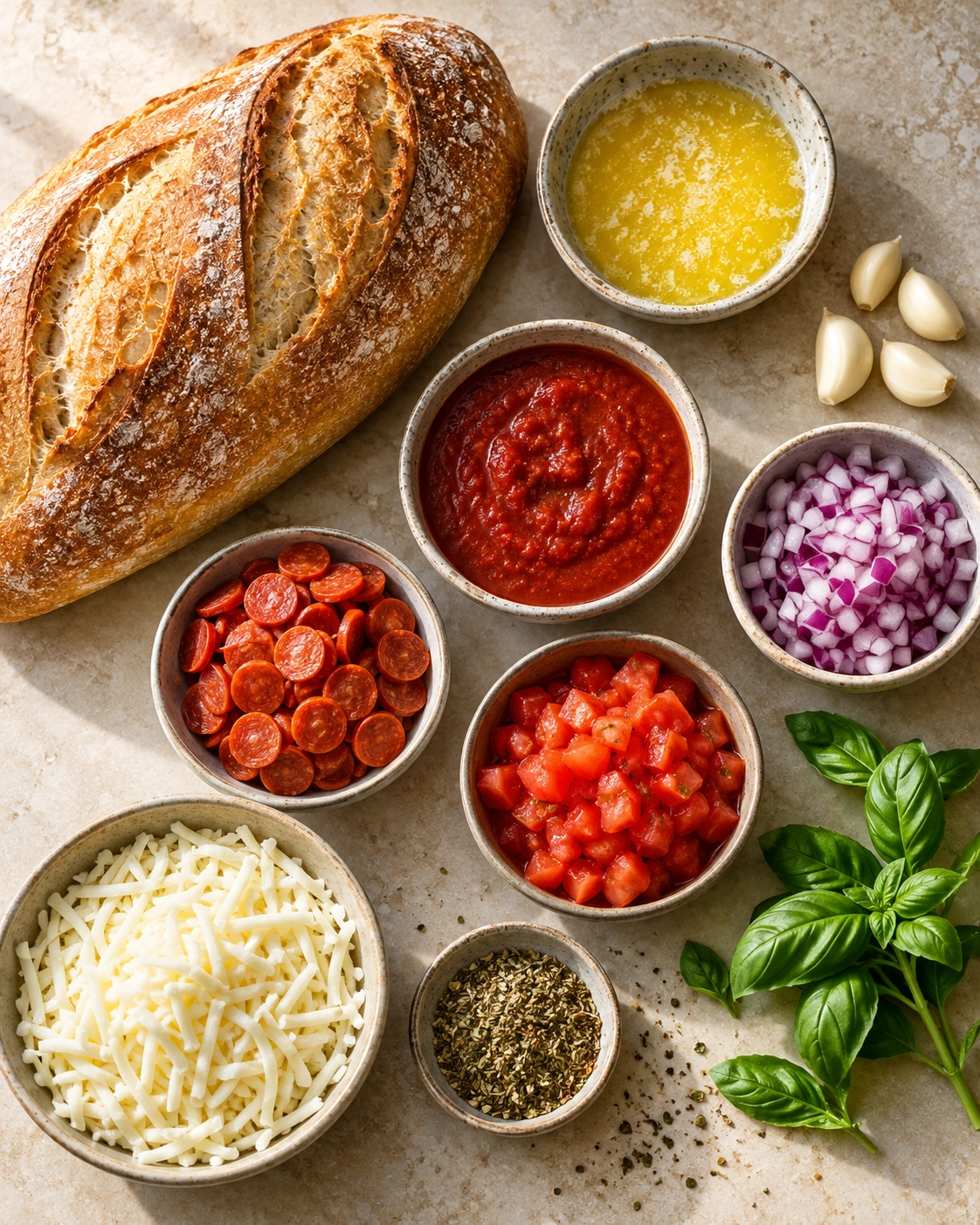 Exact measured ingredients for Garlic Butter Pizza Pull Apart Bread