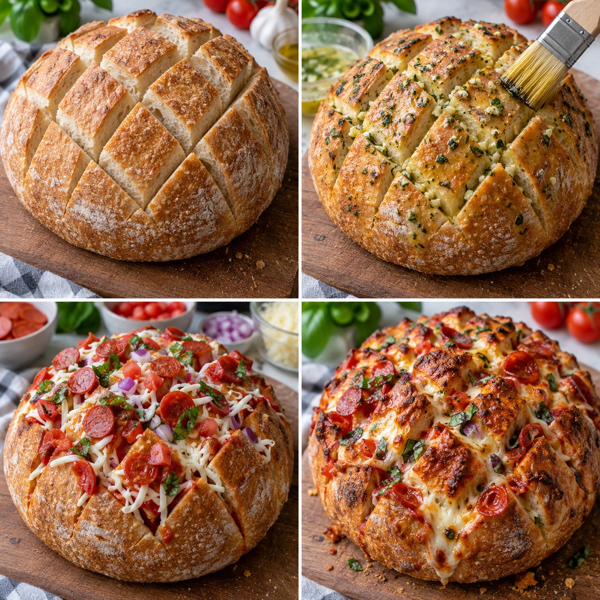 Four chronological preparation stages for Garlic Butter Pizza Pull Apart Bread