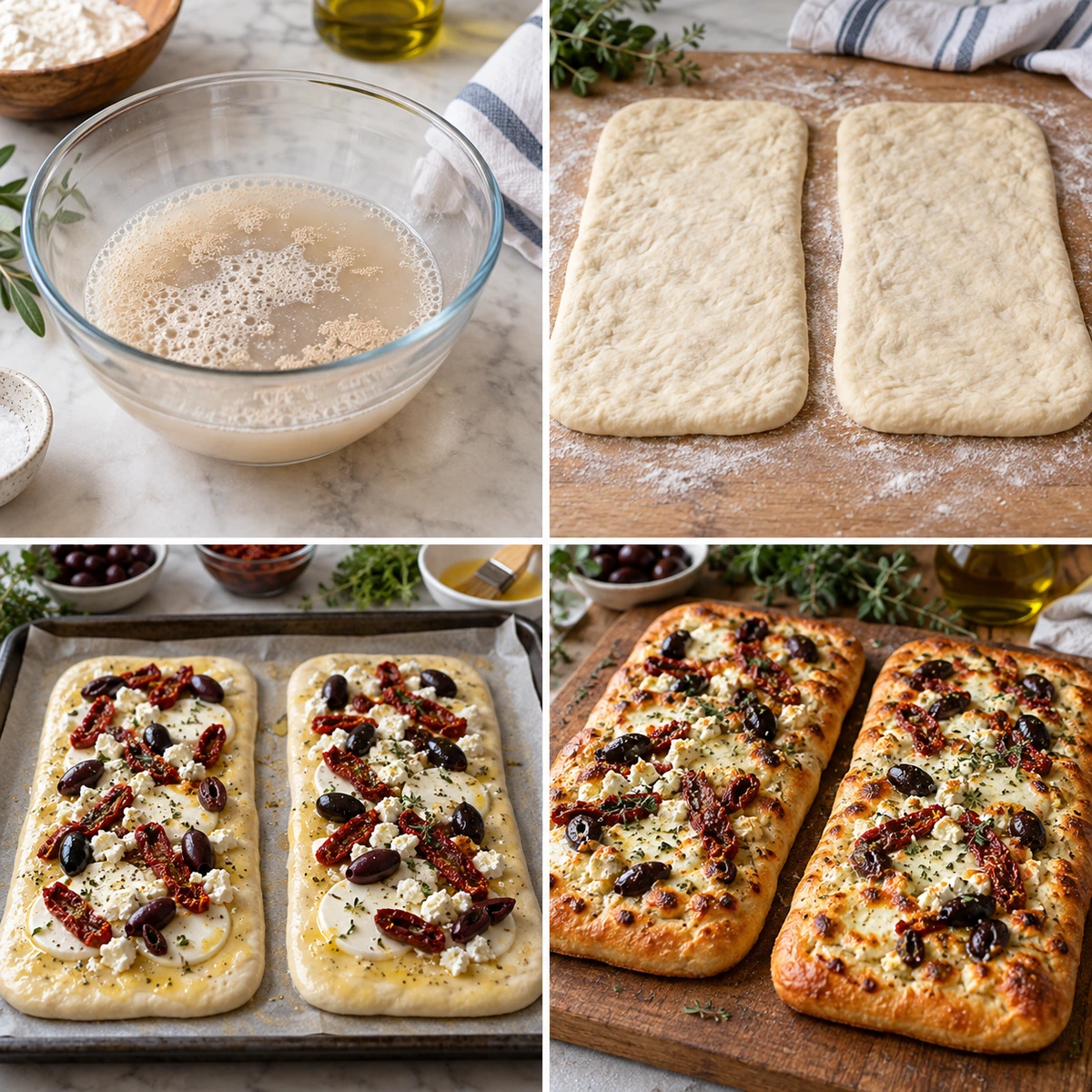 Four chronological preparation stages for Homemade Mediterranean Flatbread
