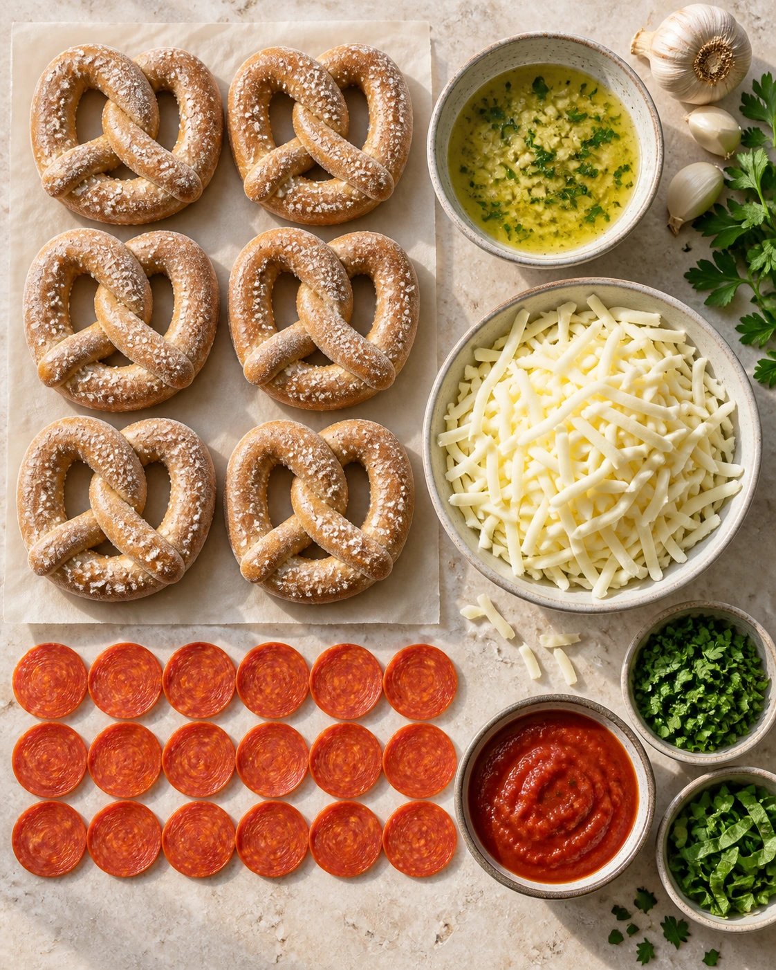 Exact measured ingredients for Garlic Butter Pepperoni Pizza Pretzels