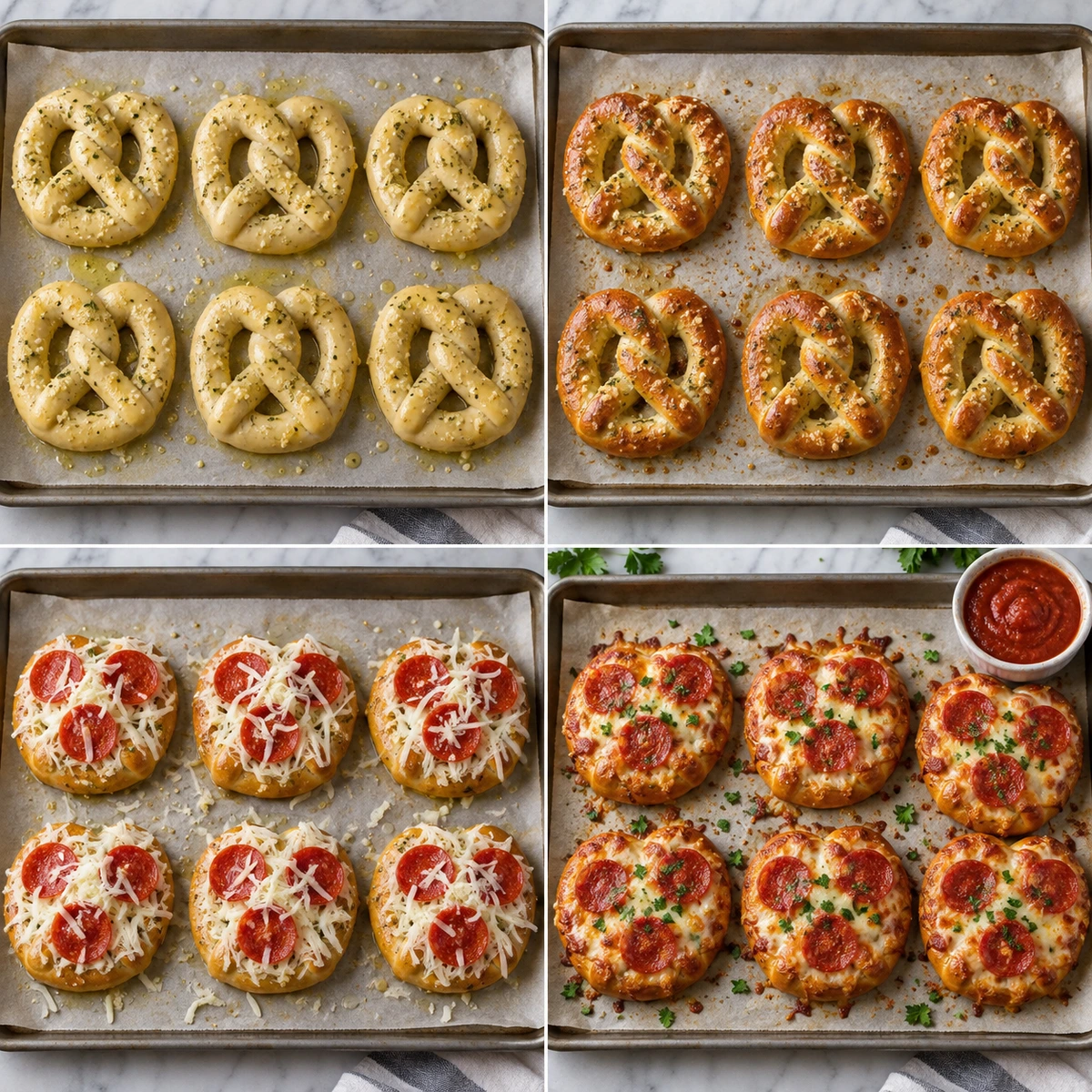 Four chronological preparation stages for Garlic Butter Pepperoni Pizza Pretzels