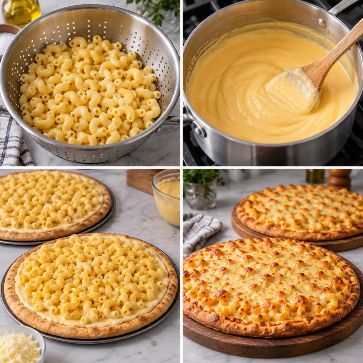 Four chronological preparation stages for Mac & Cheese Pizza